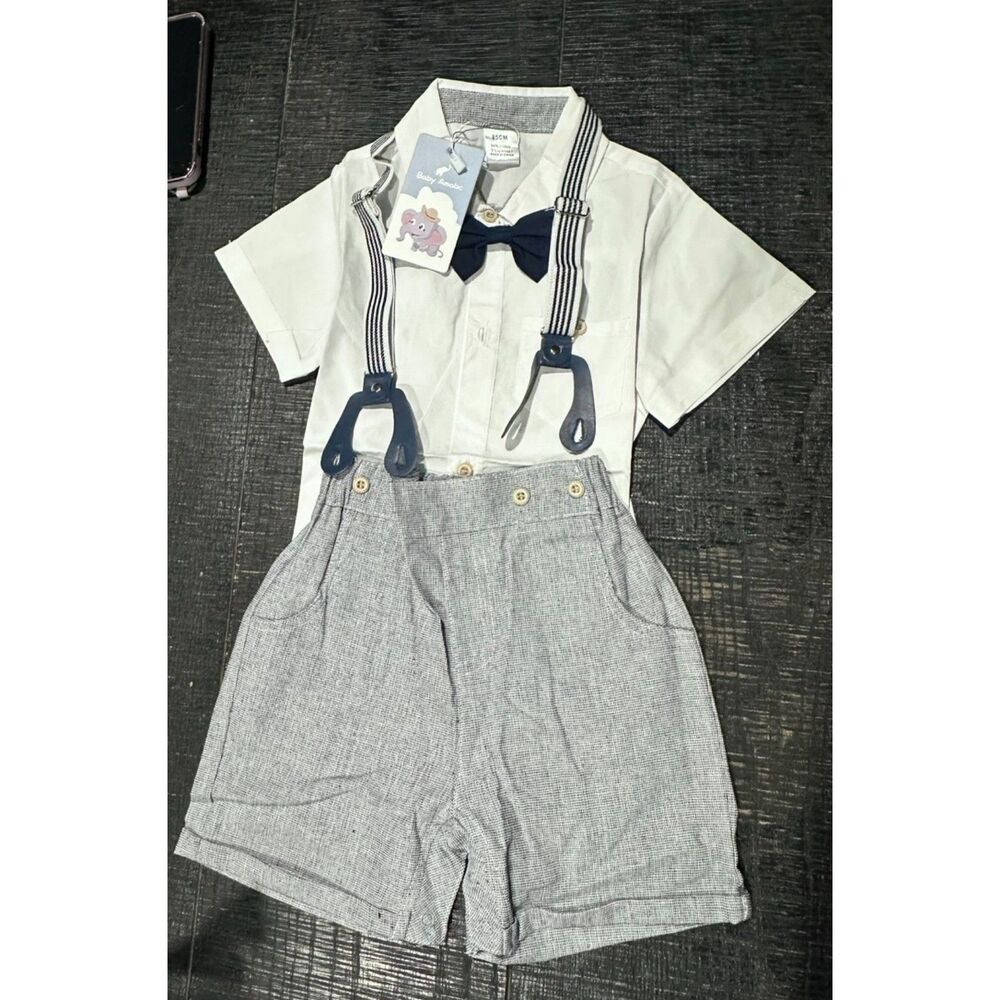 Toddler Boy Gentleman Outfits Short Sleeve Shirt w Bowtie Suspender Shorts